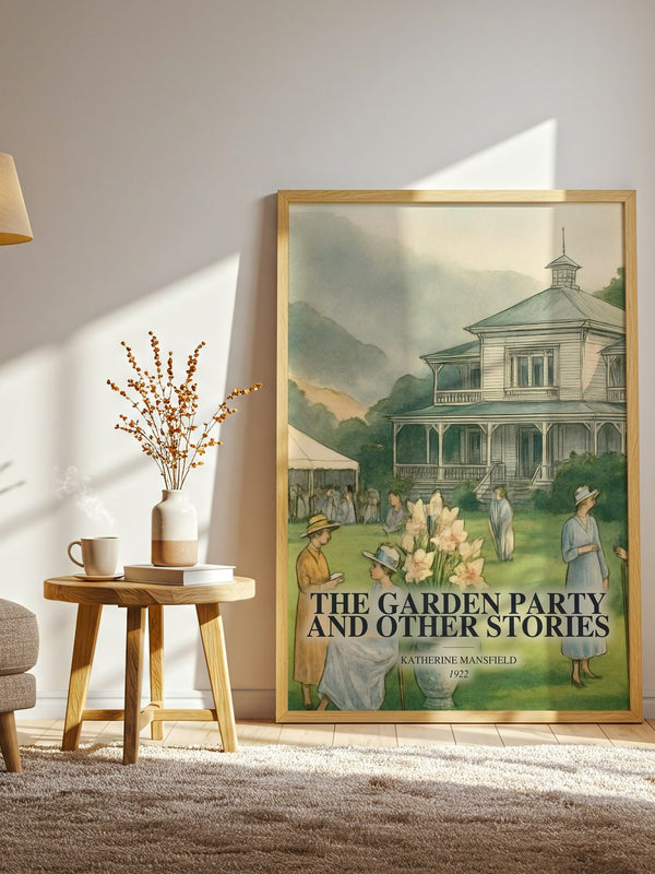 The Garden Party And Other Stories watercolour print in frame leaning in hallway – classic literature wall art