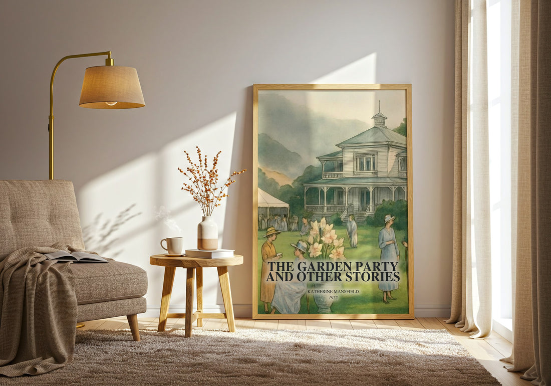 The Garden Party And Other Stories watercolour print in frame leaning in hallway – classic literature wall art (mockup)