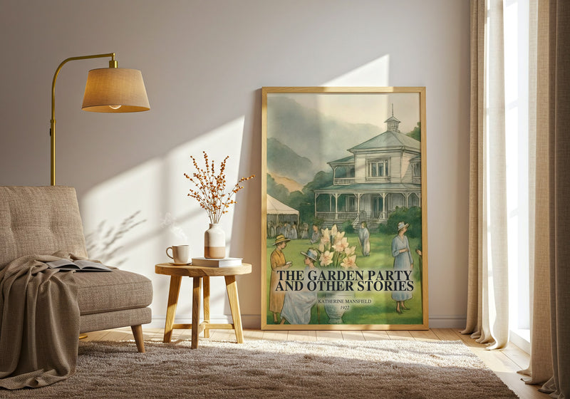 The Garden Party And Other Stories watercolour print in frame leaning in hallway – classic literature wall art