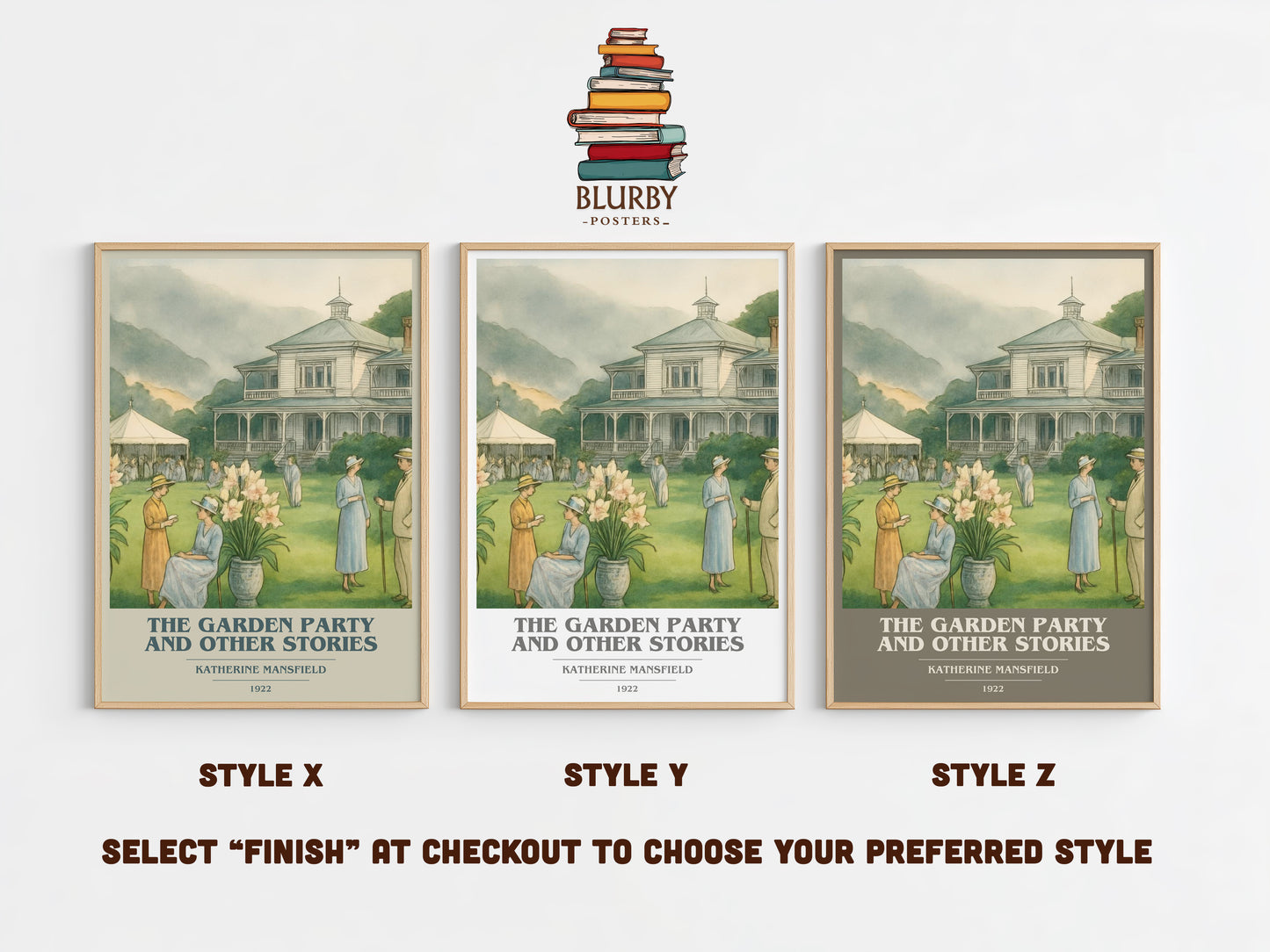 The Garden Party And Other Stories book cover print in frame leaning in hallway – classic literature wall art