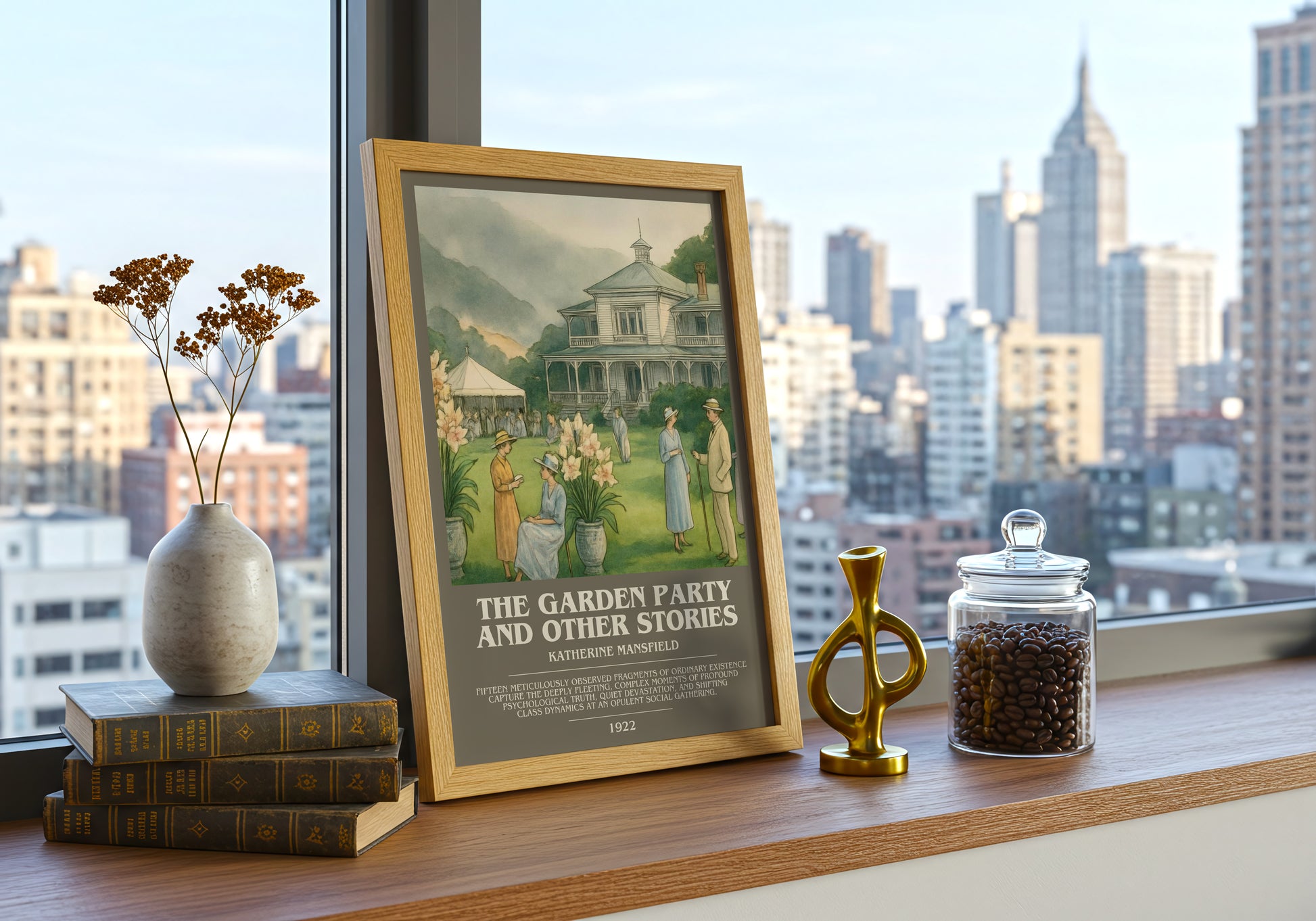 The Garden Party And Other Stories bookish print framed by window – literary home decor
