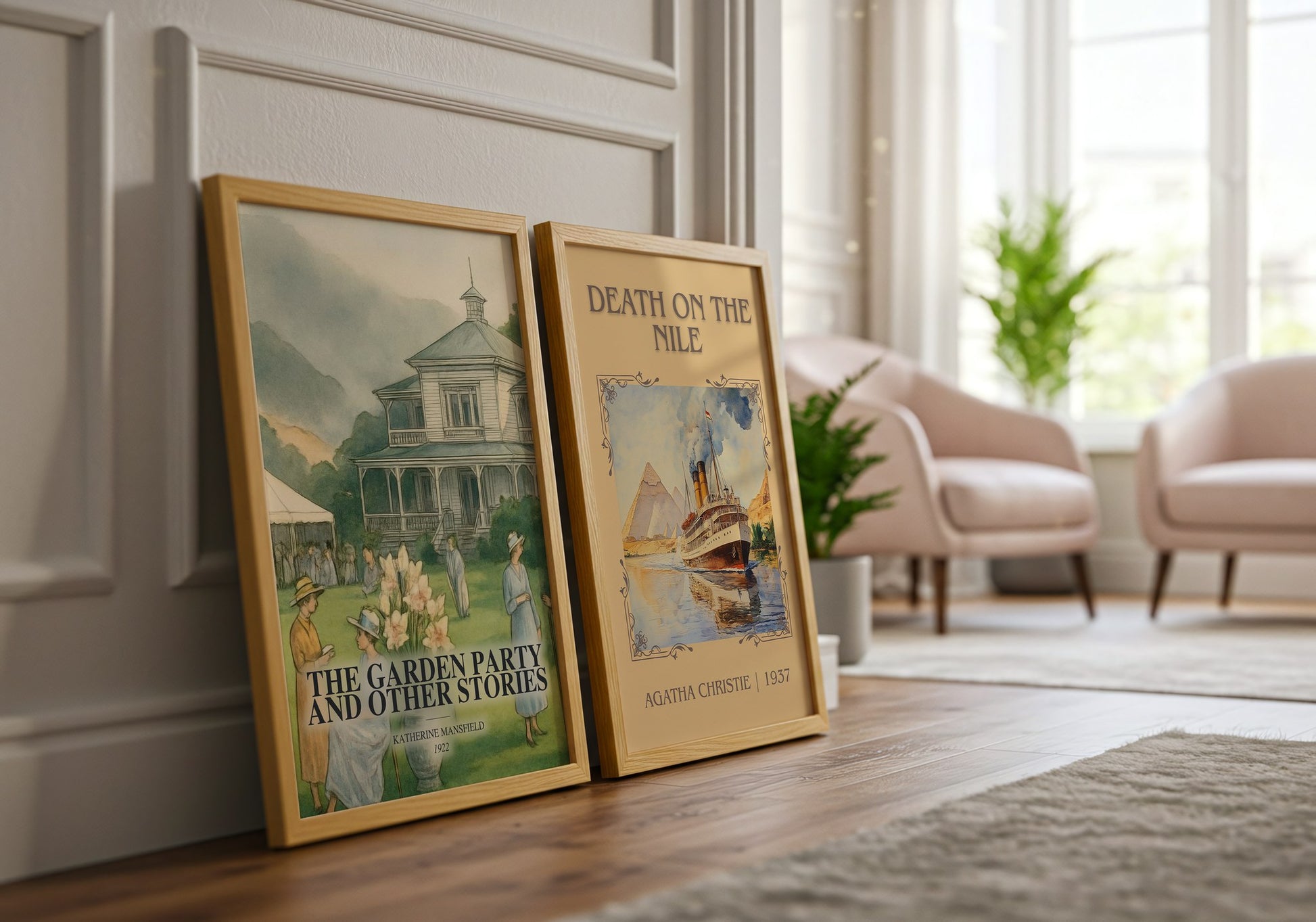 The Garden Party And Other Stories watercolour print framed by window – literary home decor