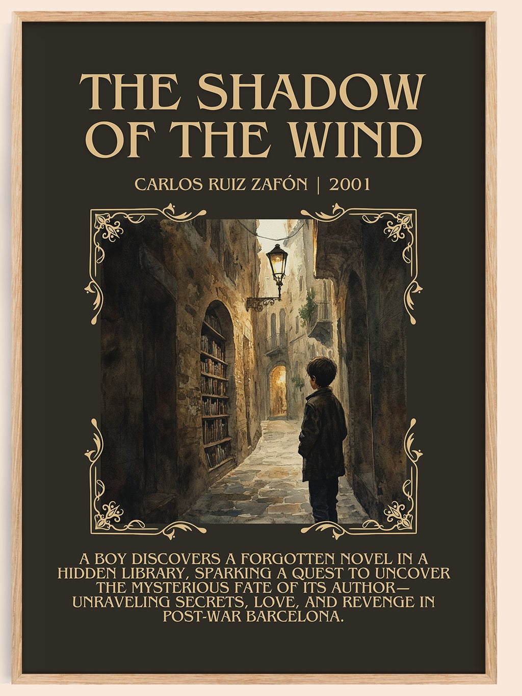 The Shadow Of The Wind minimalist book poster by Carlos Ruiz Zafón – framed literary art print