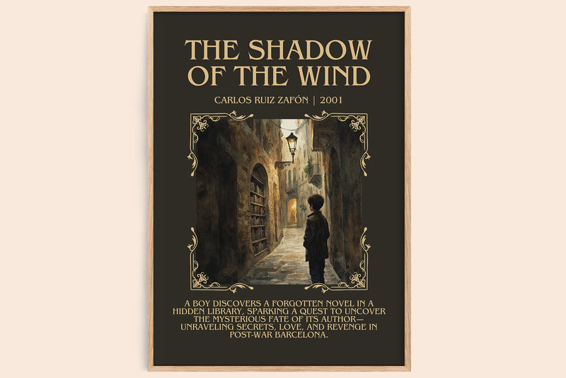 The Shadow Of The Wind minimalist book poster by Carlos Ruiz Zafón – framed literary art print