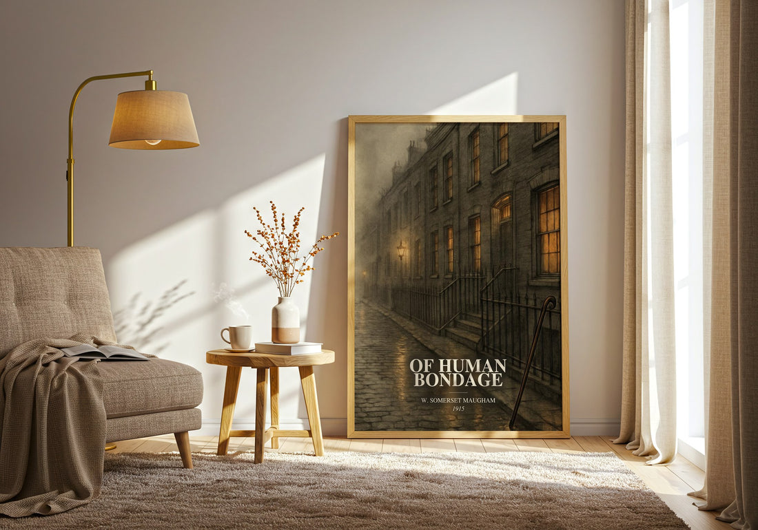 Of Human Bondage watercolour print in frame leaning in hallway – coming of age wall art (mockup)