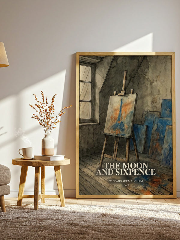 The Moon And Sixpence watercolour print in frame leaning in hallway – literary fiction wall art