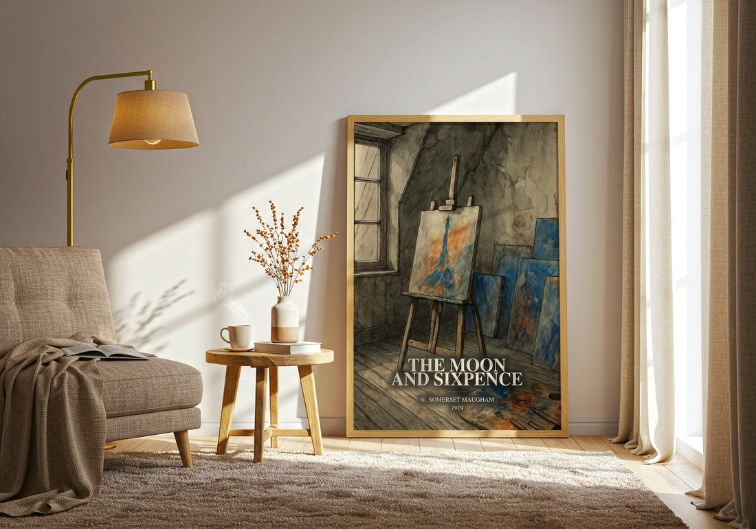 The Moon And Sixpence watercolour print in frame leaning in hallway – literary fiction wall art (mockup)
