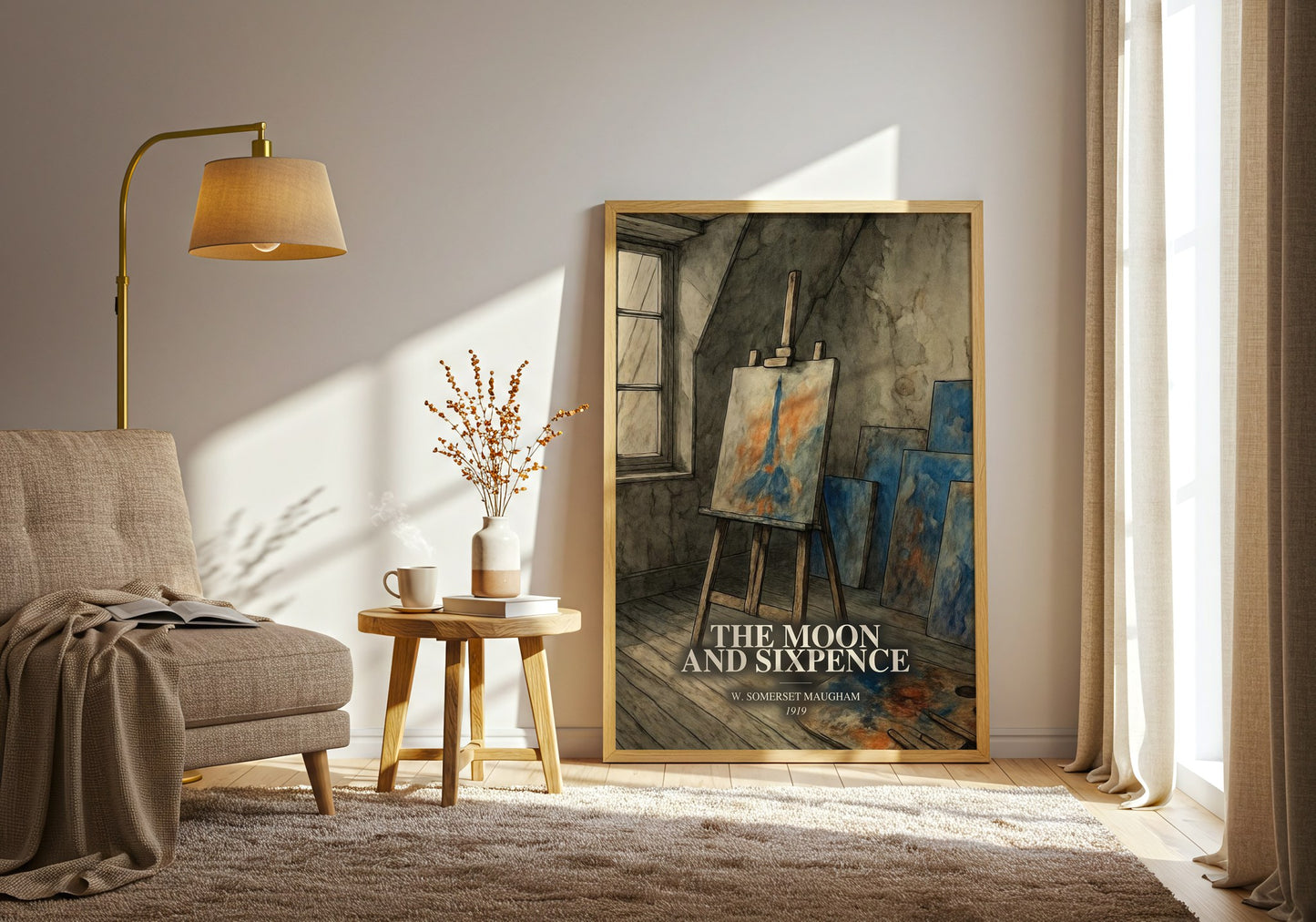 The Moon And Sixpence watercolour print in frame leaning in hallway – literary fiction wall art