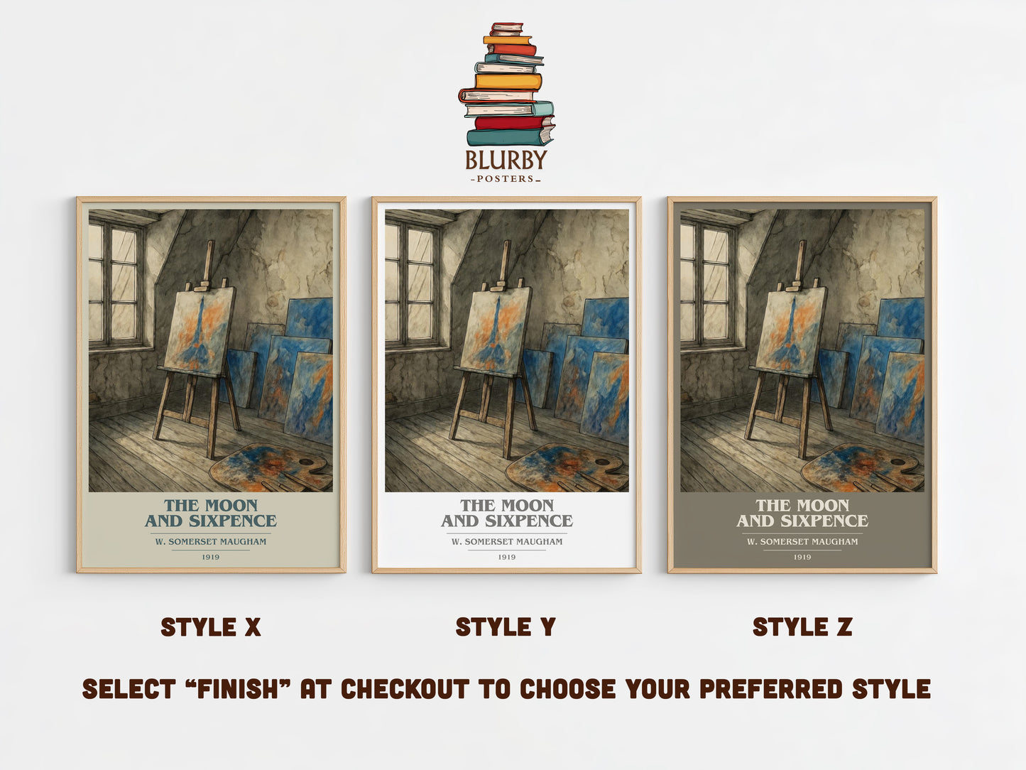 The Moon And Sixpence book cover print in frame leaning in hallway – literary fiction wall art