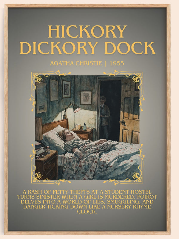 Hickory Dickory Dock minimalist book poster by Agatha Christie – framed literary art print