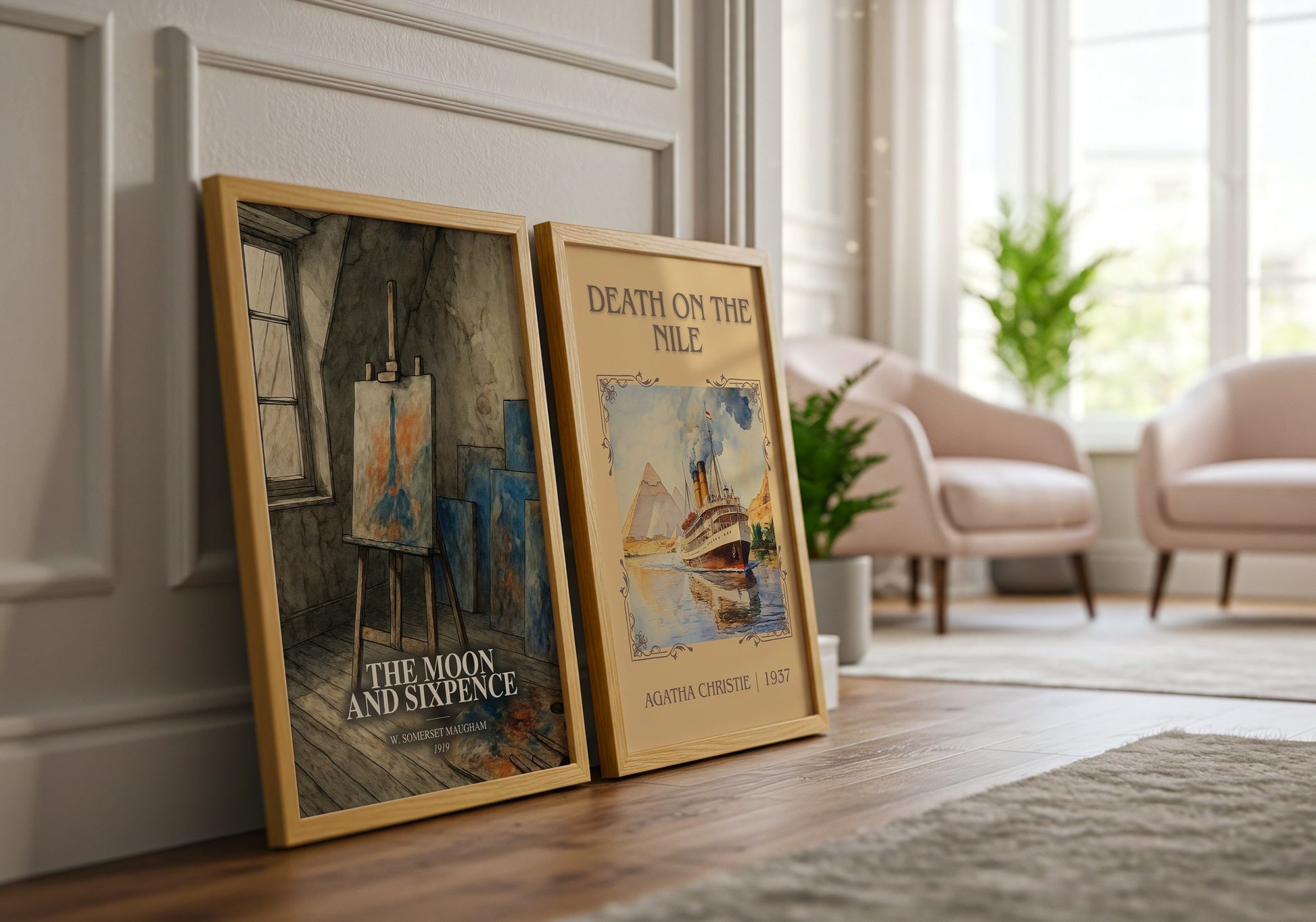The Moon And Sixpence watercolour print framed by window – literary home decor