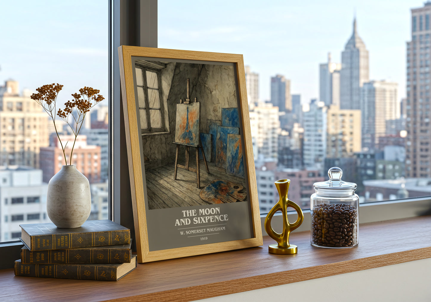 The Moon And Sixpence book cover print framed by window – literary home decor