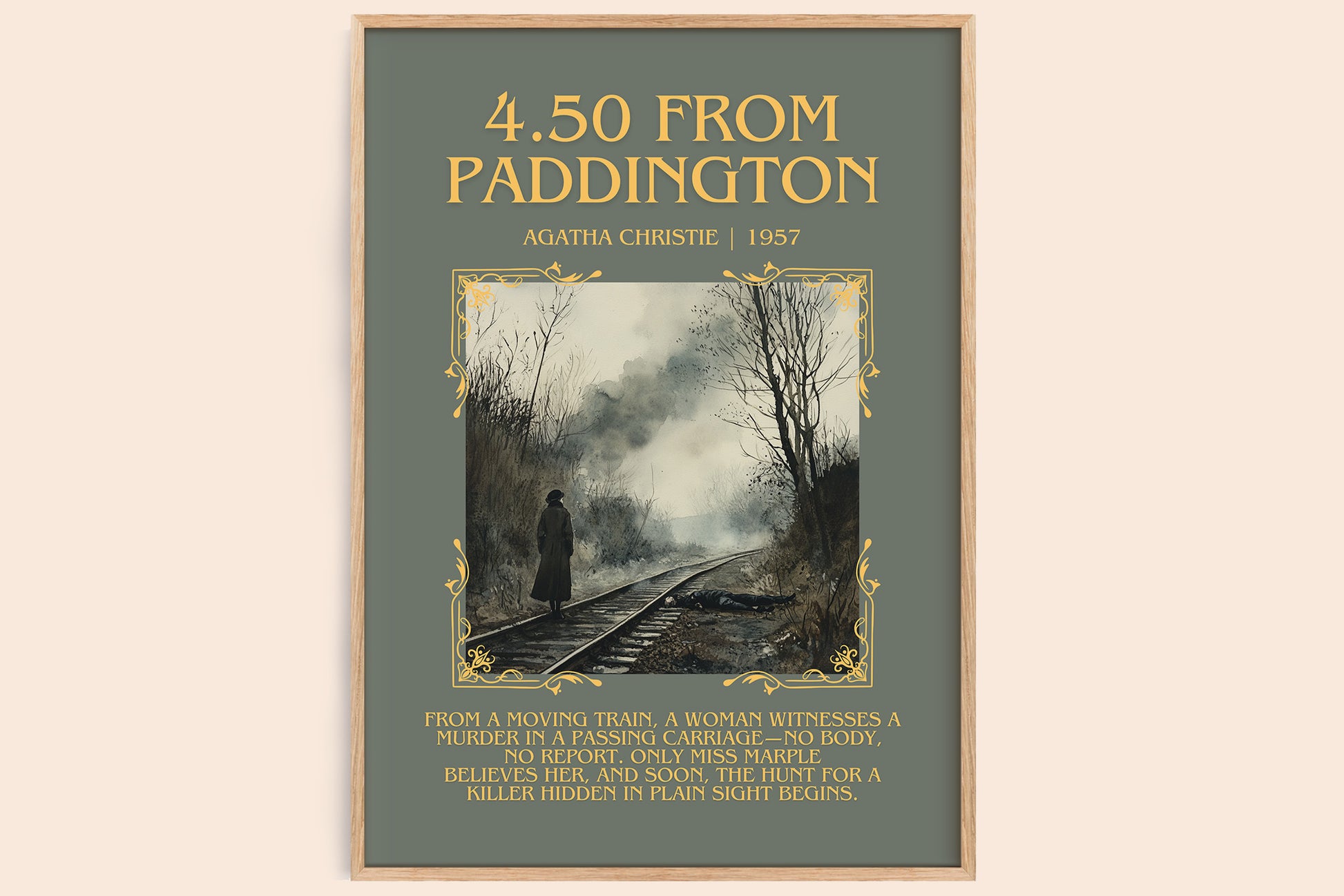 4.50 from Paddington minimalist book poster by Agatha Christie – framed literary art print