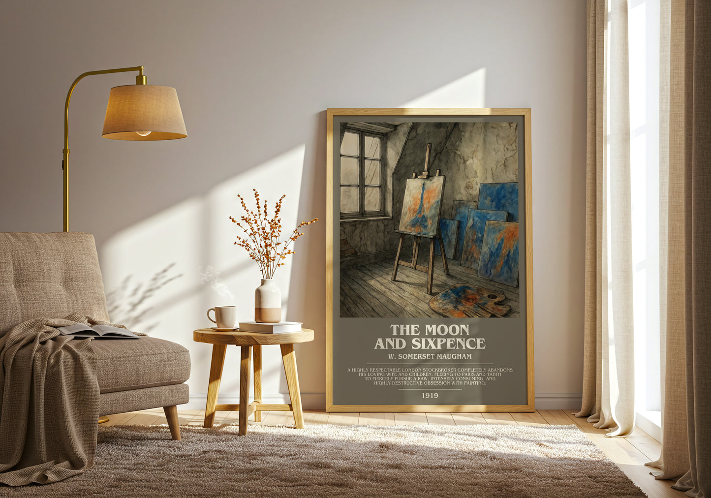 The Moon And Sixpence bookish print on bookshelf – W. Somerset Maugham fan gift