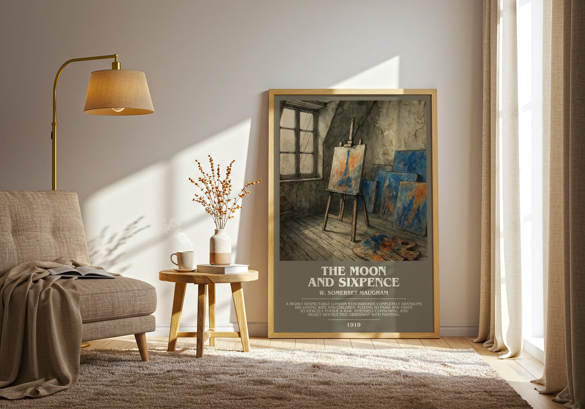 The Moon And Sixpence bookish print on bookshelf – W. Somerset Maugham fan gift