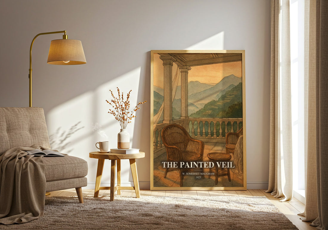 The Painted Veil watercolour print in frame leaning in hallway – literary fiction wall art (mockup)