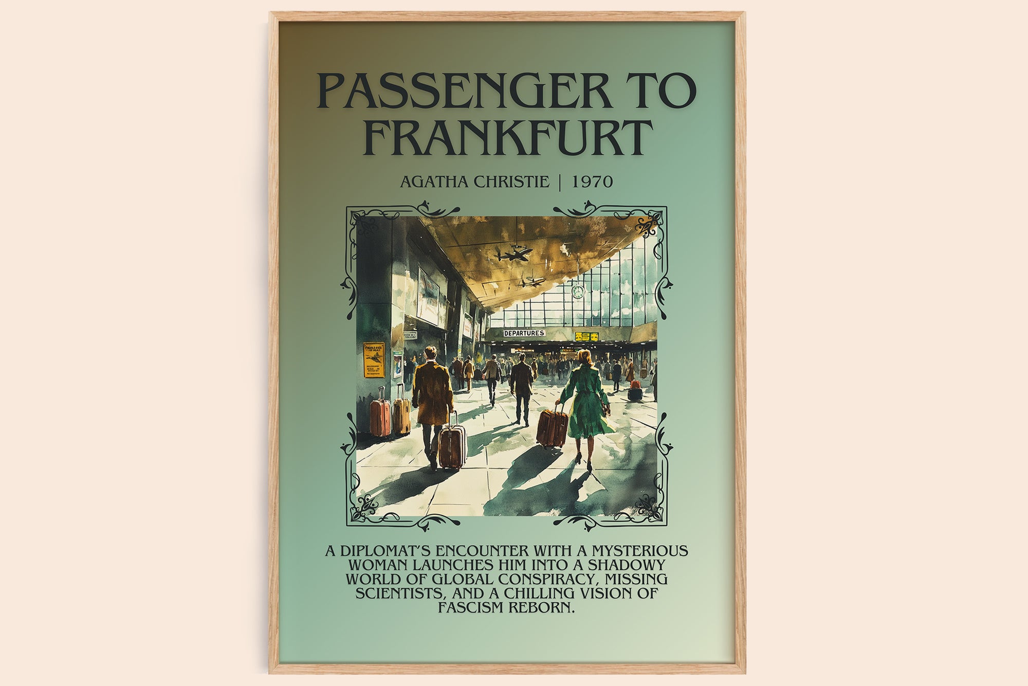 Passenger to Frankfurt minimalist book poster by Agatha Christie – framed literary art print