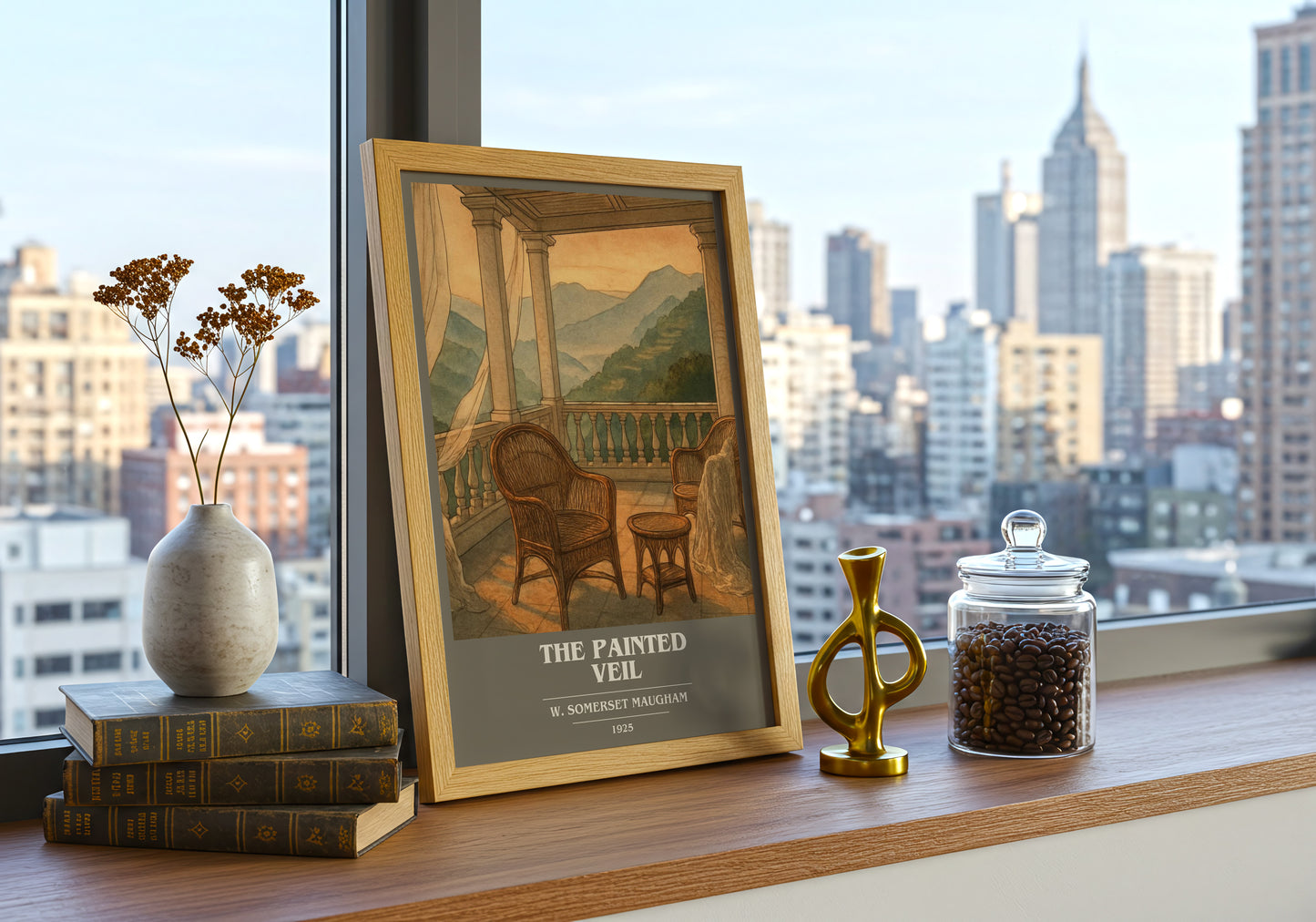The Painted Veil book cover print framed by window – literary home decor