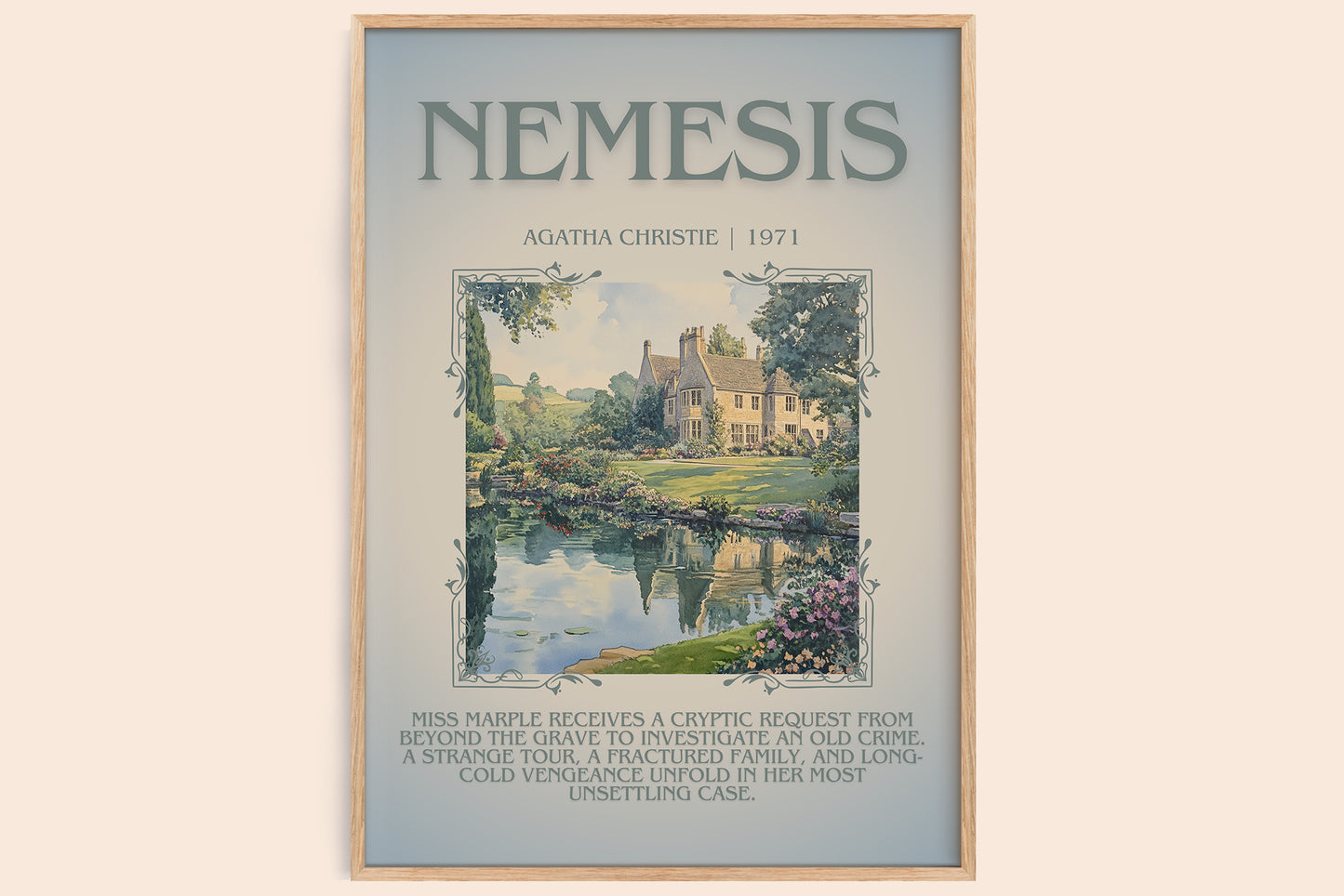 Nemesis minimalist book poster by Agatha Christie – framed literary art print