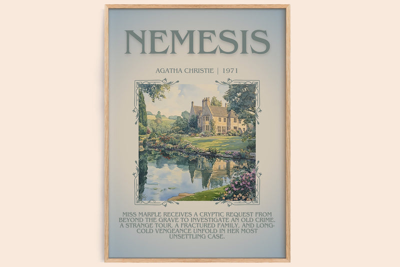 Nemesis minimalist book poster by Agatha Christie – framed literary art print
