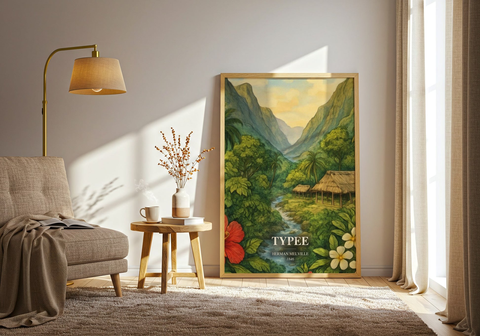 Typee watercolour print in frame leaning in hallway – adventure wall art