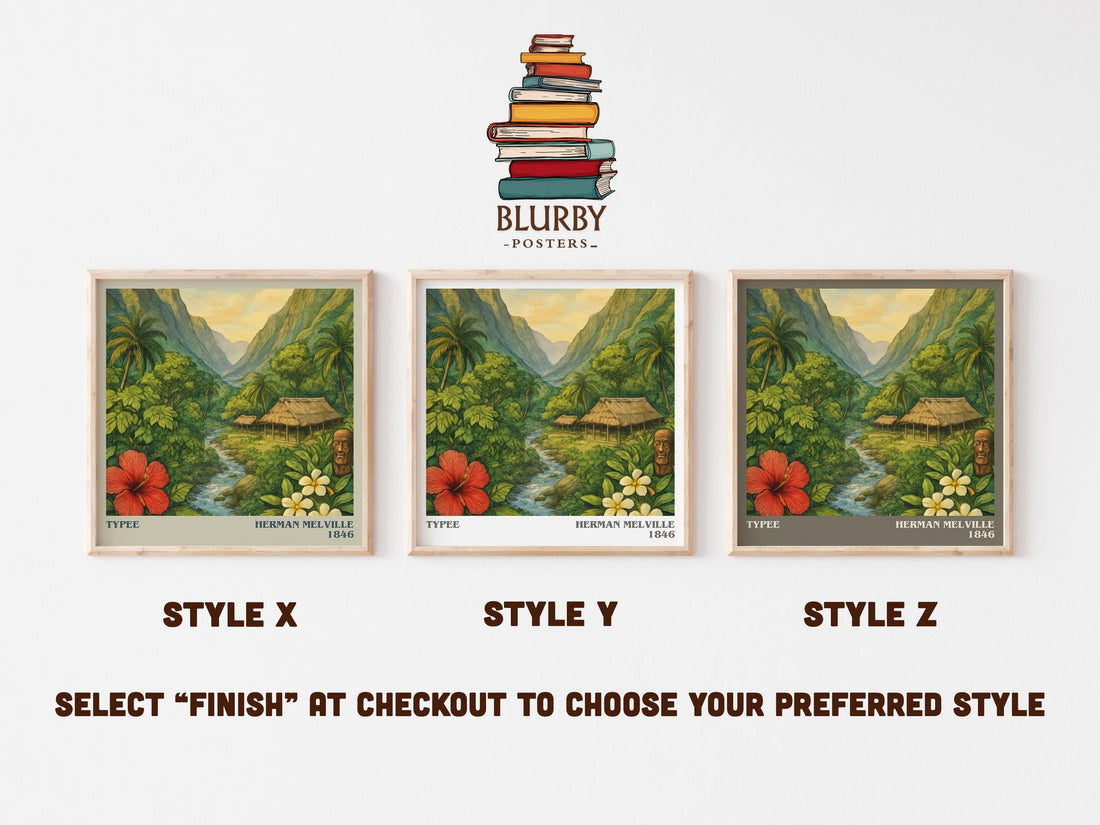 Typee literary print in frame leaning in hallway – adventure wall art (mockup)