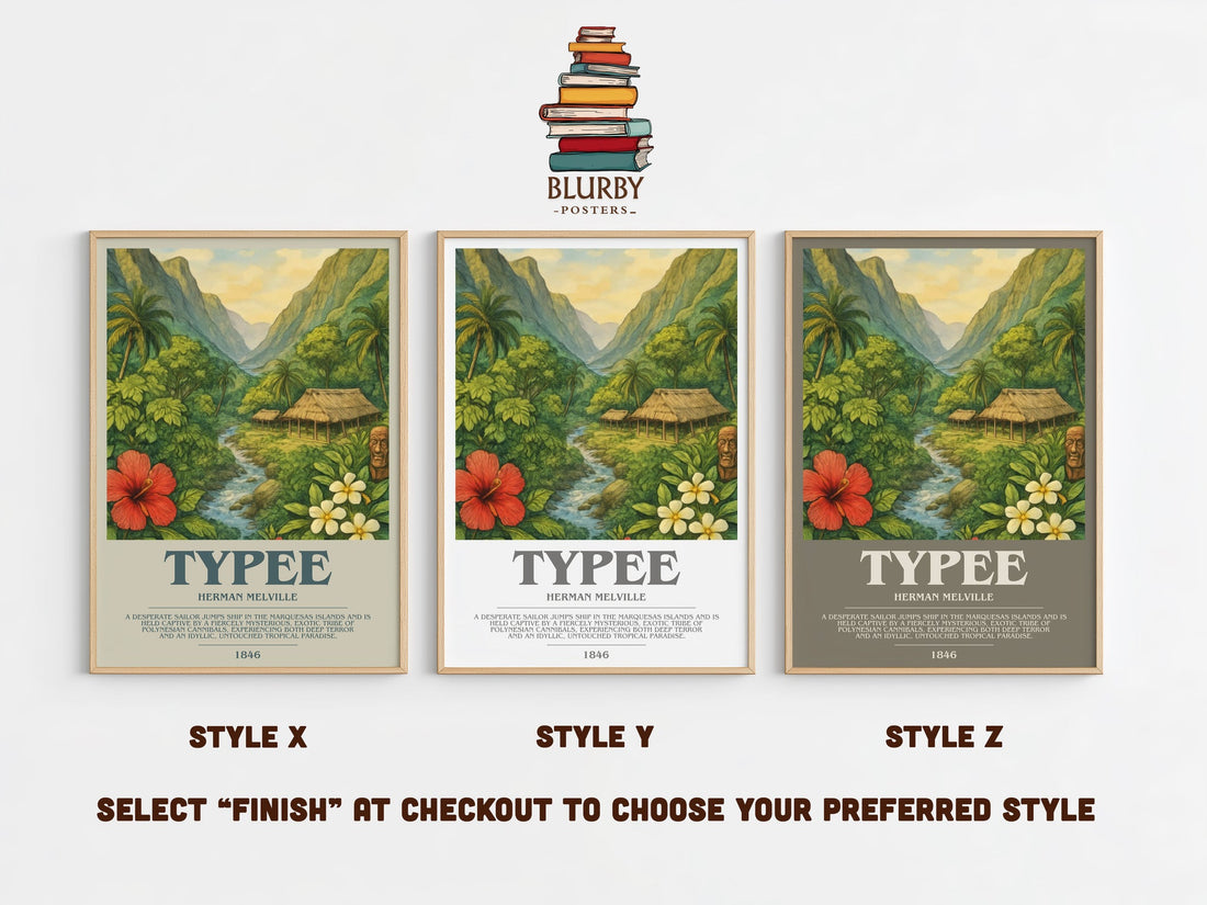 Typee bookish print in frame leaning in hallway – adventure wall art (mockup)