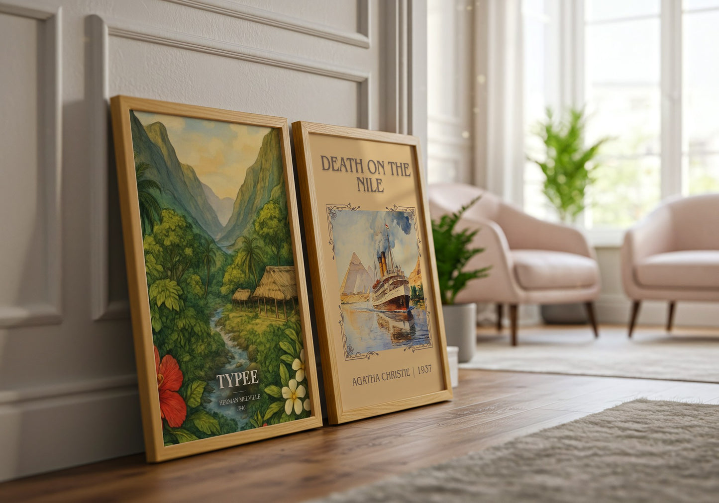Typee watercolour print framed by window – literary home decor