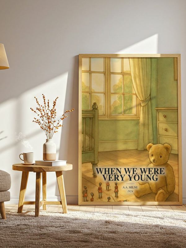 When We Were Very Young watercolour print in frame leaning in hallway – poetry wall art