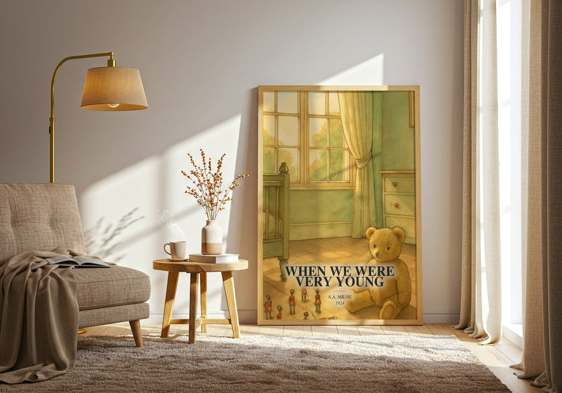 When We Were Very Young watercolour print in frame leaning in hallway – poetry wall art (mockup)