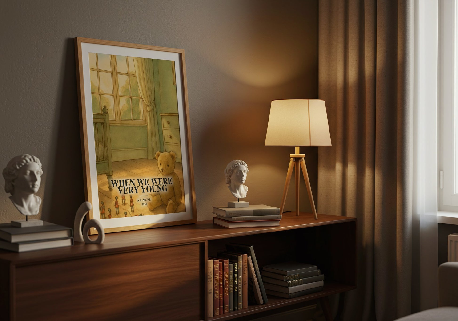When We Were Very Young watercolour print on bookshelf – A.A. Milne fan gift