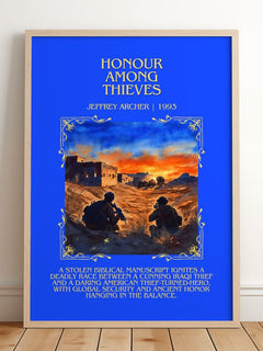 Honour Among Thieves Minimalist Book Poster by Jeffrey Archer – framed print leaning on a wooden floor