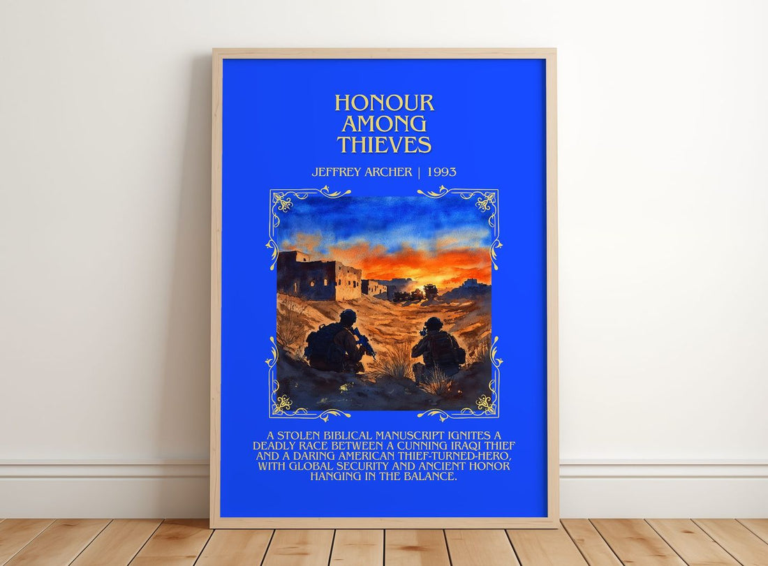 Honour Among Thieves Minimalist Book Poster by Jeffrey Archer – framed print leaning on a wooden floor