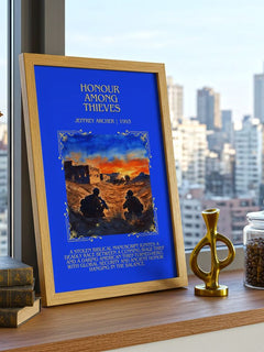 Honour Among Thieves Minimalist Book Poster by Jeffrey Archer – framed print on a city-view windowsill