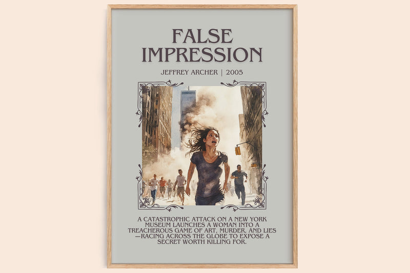 False Impression minimalist book poster by Jeffrey Archer – framed literary art print