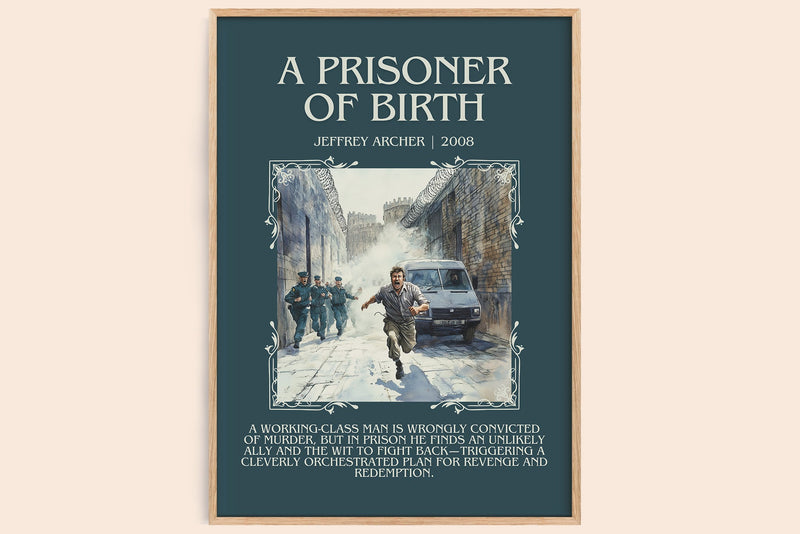 A Prisoner of Birth minimalist book poster by Jeffrey Archer – framed literary art print