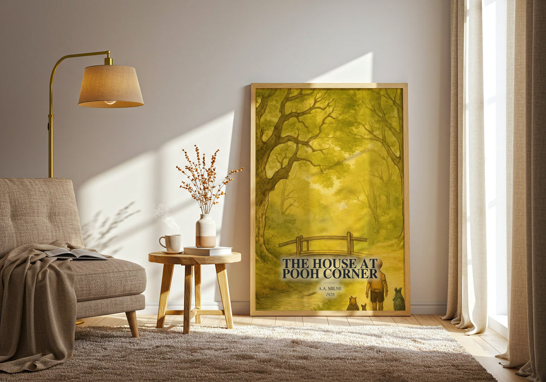 The House At Pooh Corner watercolour print in frame leaning in hallway – childrens wall art (mockup)