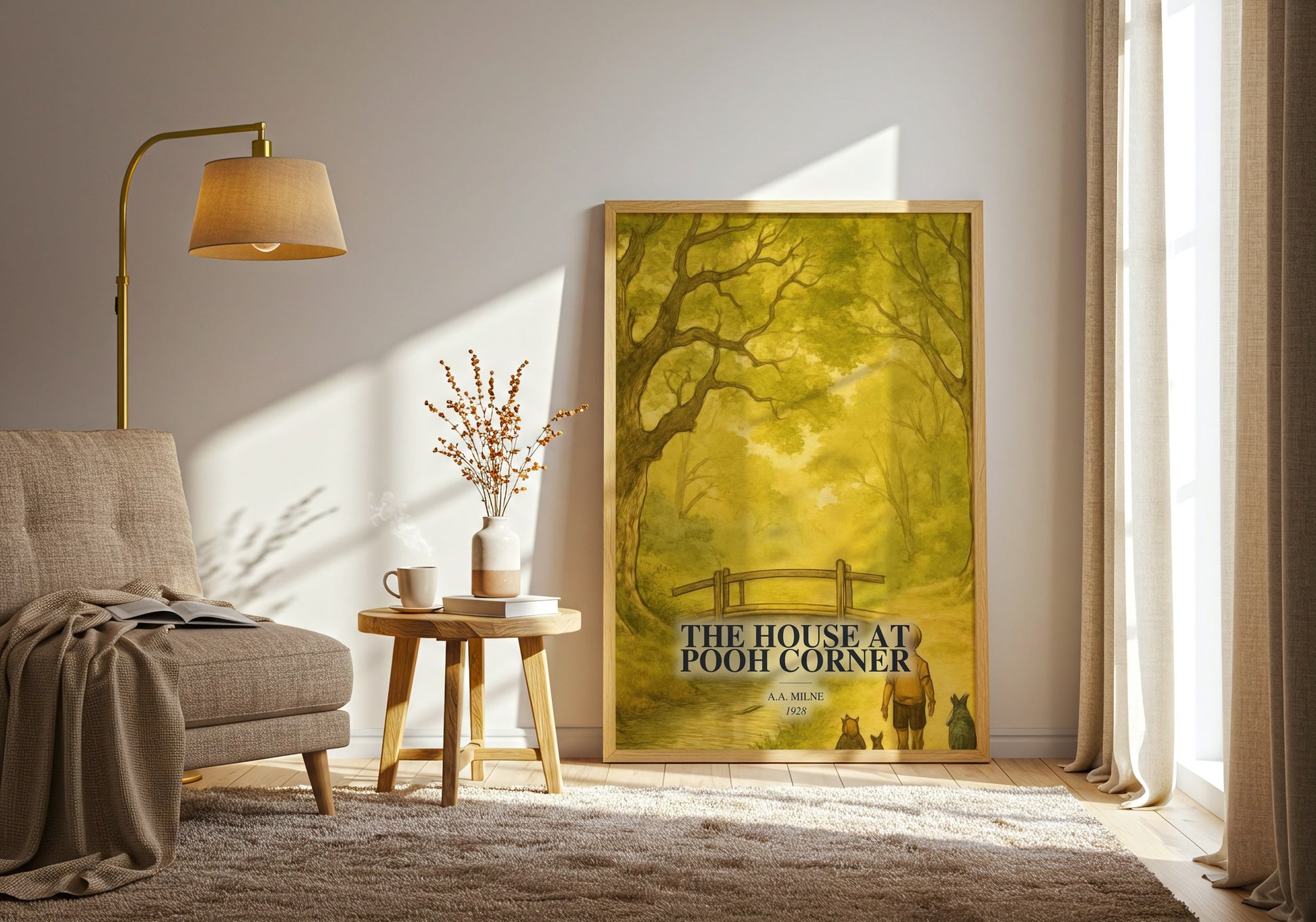 The House At Pooh Corner watercolour print in frame leaning in hallway – childrens wall art