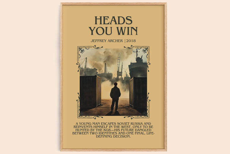 Heads You Win minimalist book poster by Jeffrey Archer – framed literary art print