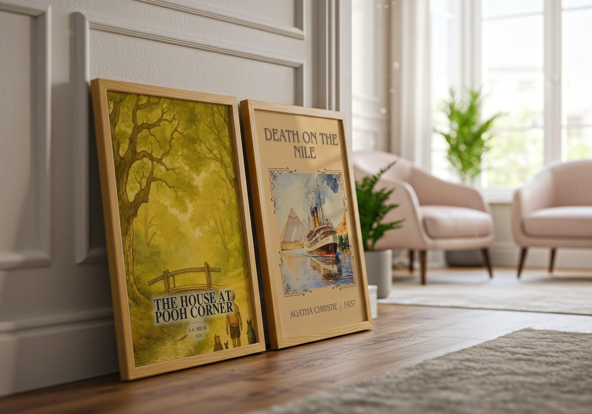 The House At Pooh Corner watercolour print framed by window – literary home decor
