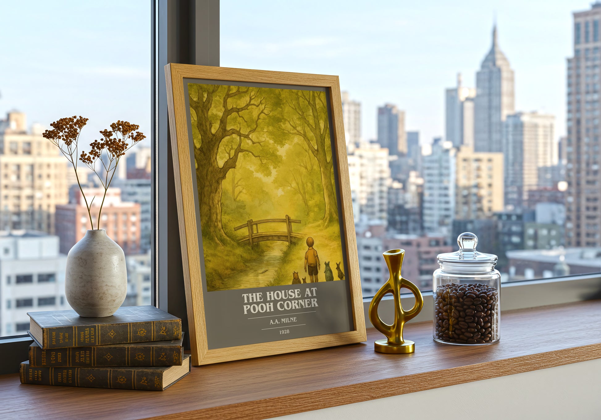 The House At Pooh Corner book cover print framed by window – literary home decor