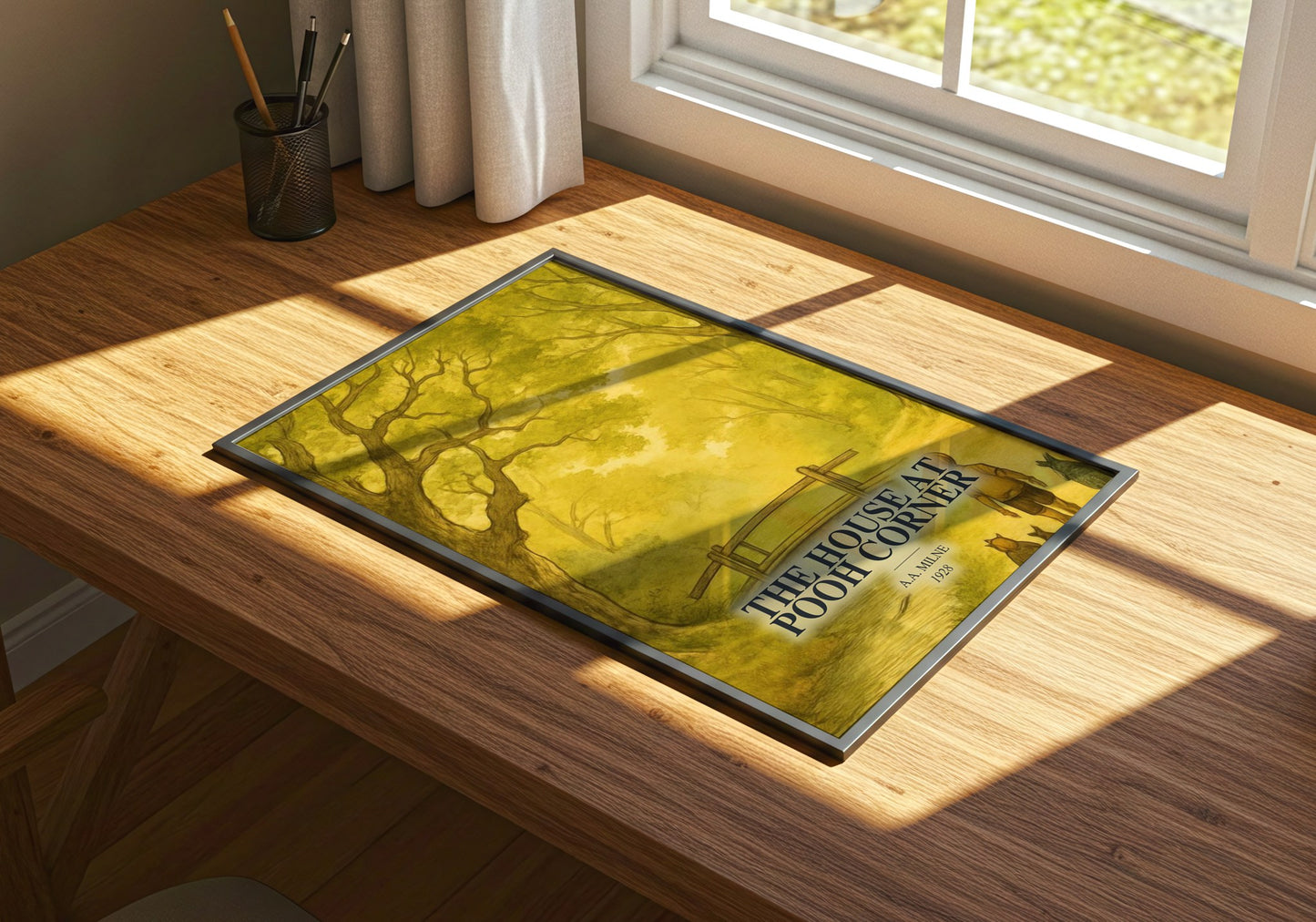 The House At Pooh Corner watercolour book poster framed on wall – childrens wall art