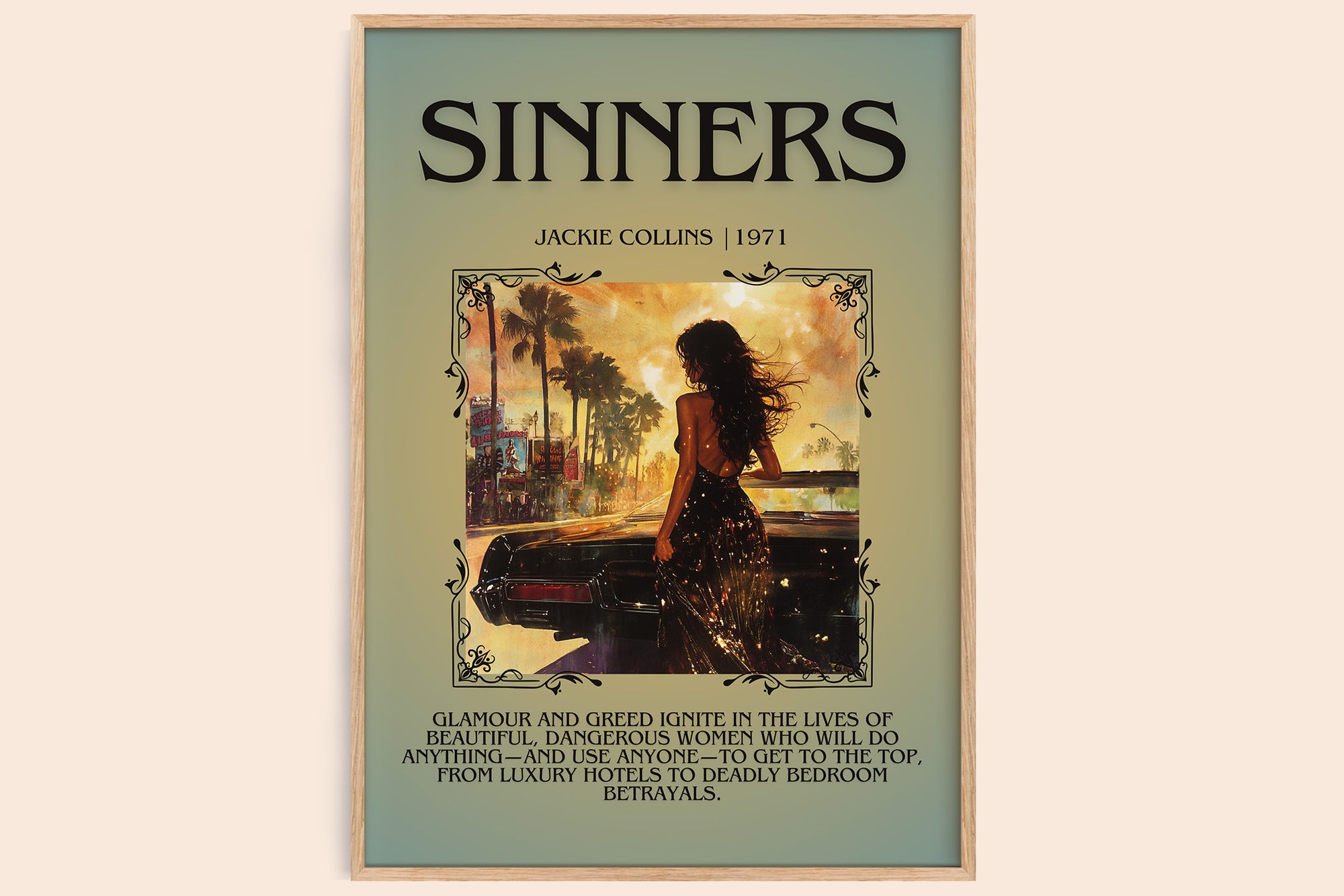 Sinners minimalist book poster by Jackie Collins – framed literary art print