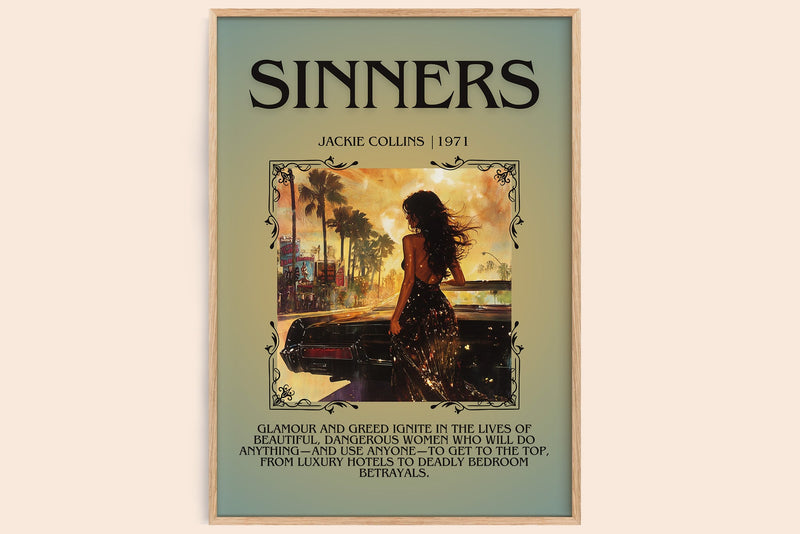 Sinners minimalist book poster by Jackie Collins – framed literary art print