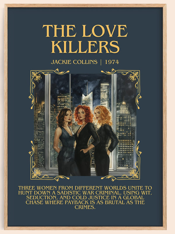 The Love Killers minimalist book poster by Jackie Collins – framed literary art print