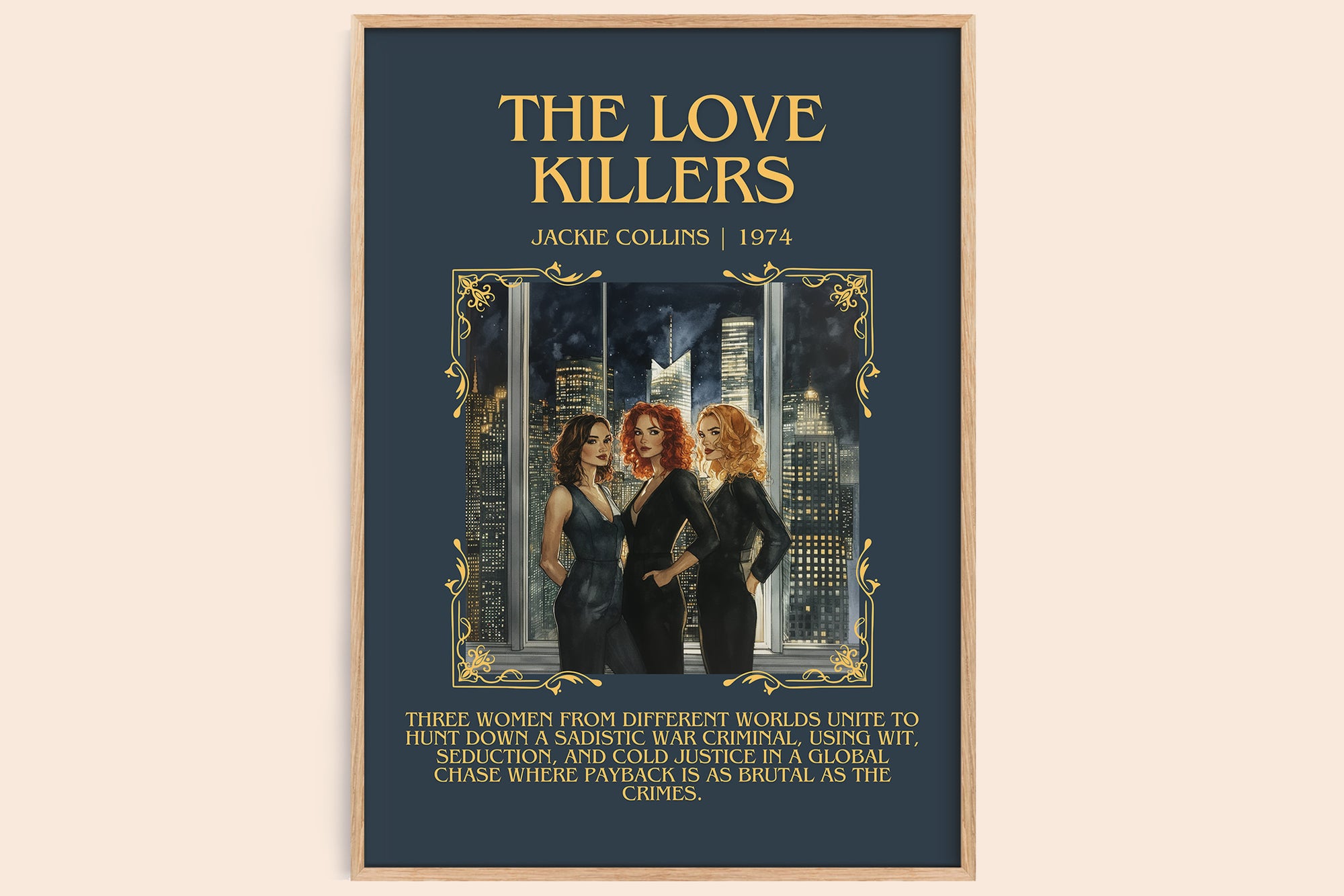 The Love Killers minimalist book poster by Jackie Collins – framed literary art print