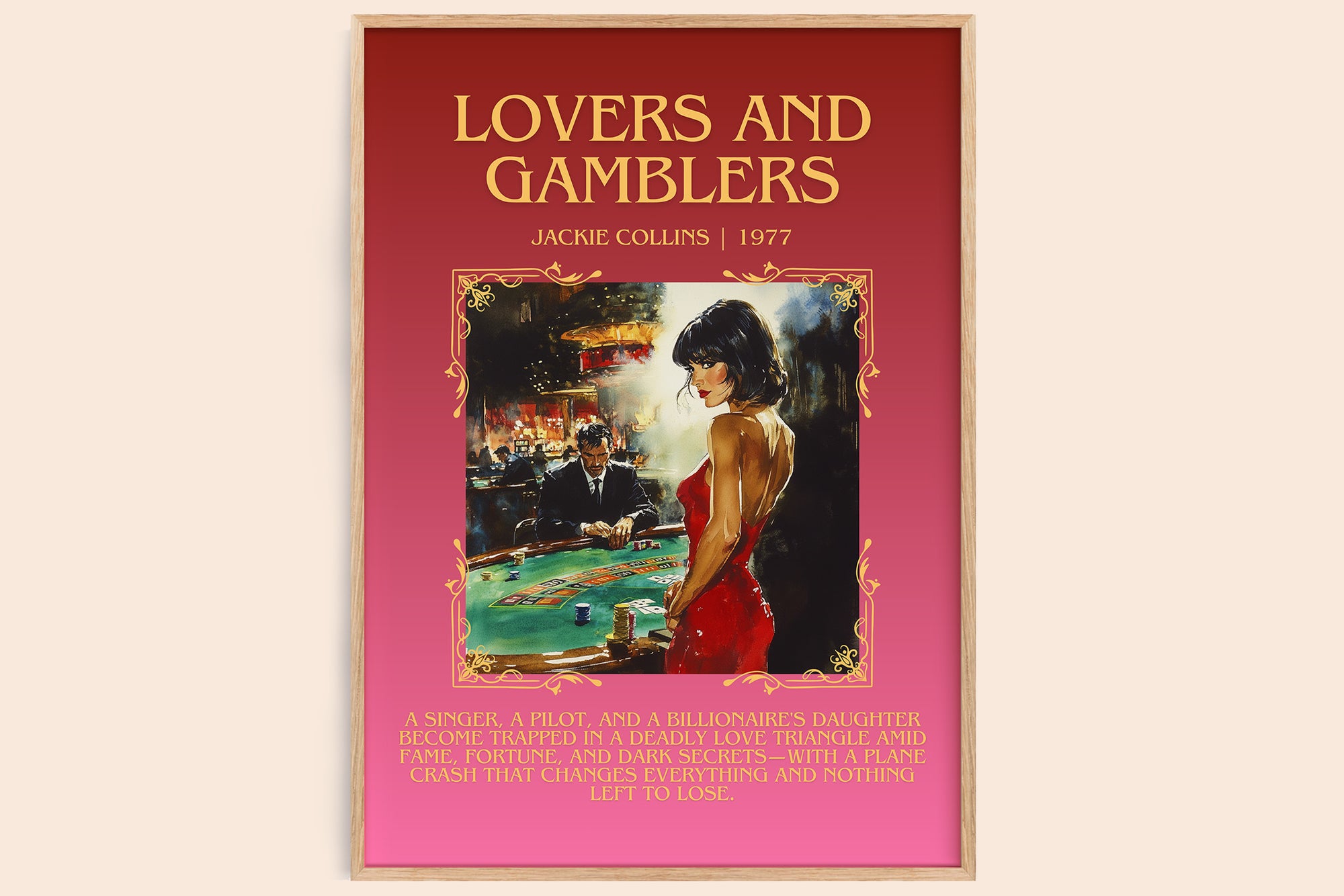 Lovers and Gamblers minimalist book poster by Jackie Collins – framed literary art print