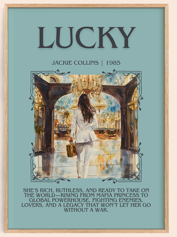 Lucky minimalist book poster by Jackie Collins – framed literary art print