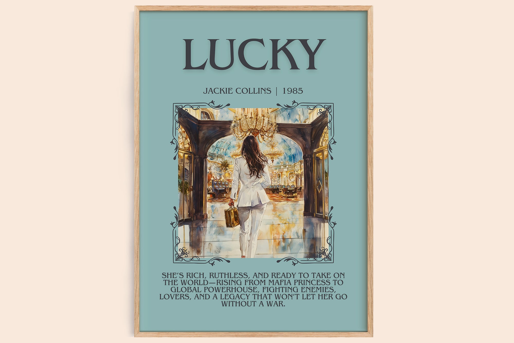 Lucky minimalist book poster by Jackie Collins – framed literary art print