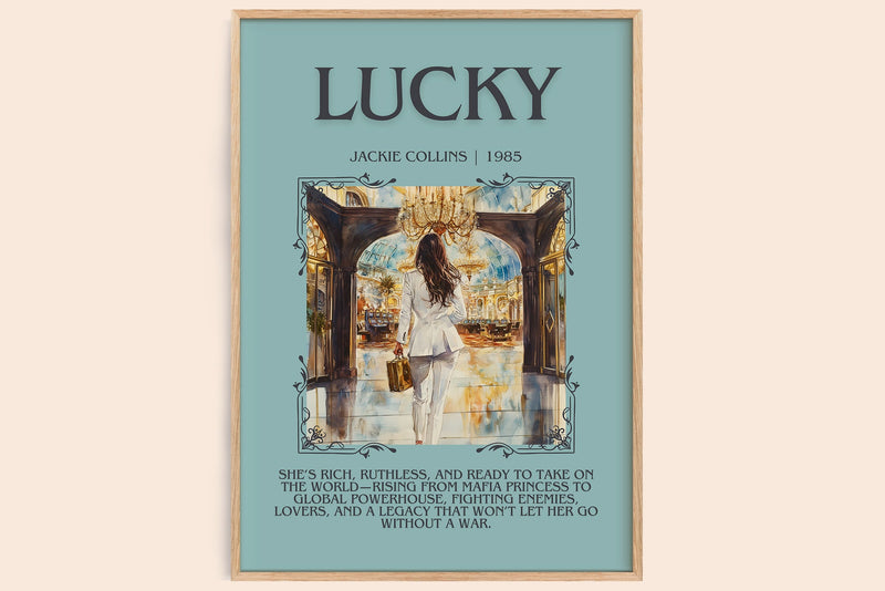 Lucky minimalist book poster by Jackie Collins – framed literary art print